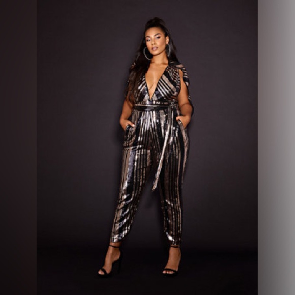 Sequin plunge jumpsuit with cape back